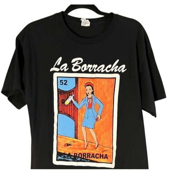 La Borracha 52 Mexican Card Loteria Drunk Woman Black T-Shirt Drinking Lady Beer - Picture 2 of 10